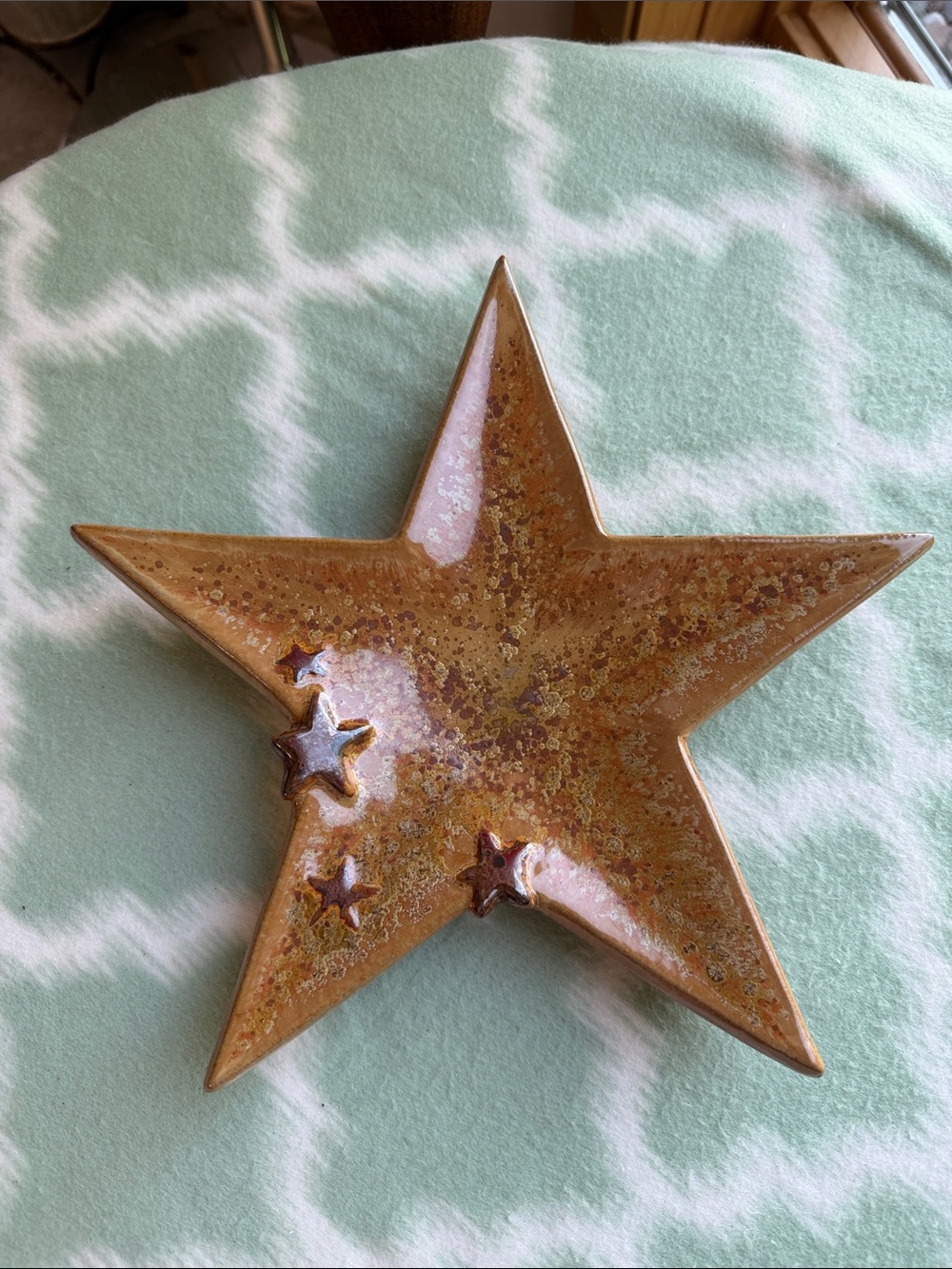 Vintage Rustic Gold Brown Speckled Glaze Ceramic Star Dish - 11” Large